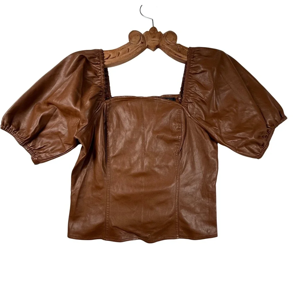 Marc New York Brown Faux Leather Puff Sleeve Top M romantic dark academia chic - Picture 2 of 10